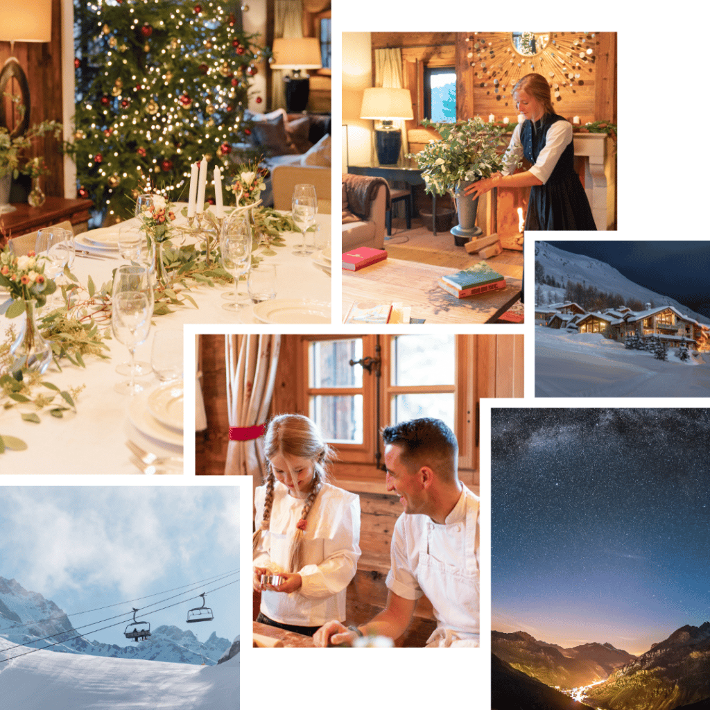 Christmas celebration in magical Val d'Isere. Pictures of snowy mountain ski chalets and gorgeous luxury ski chalets. 