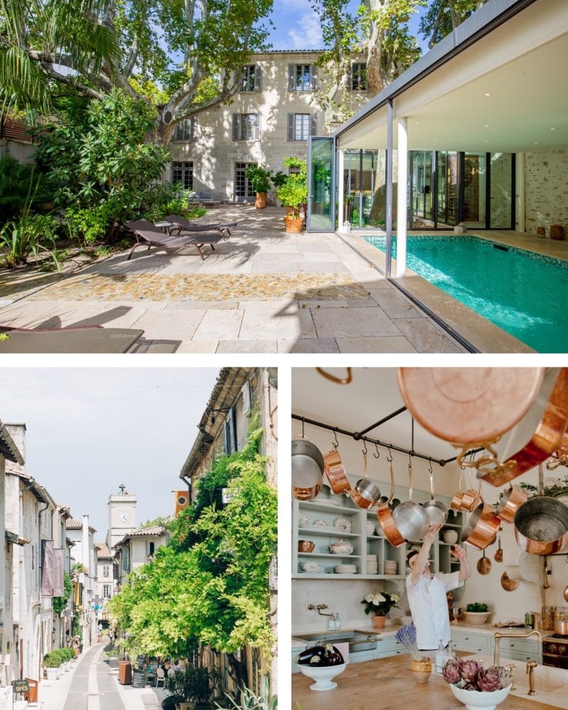 Sumnmer lifestyle shots of Provence. Leafy green trees and copper pans. 