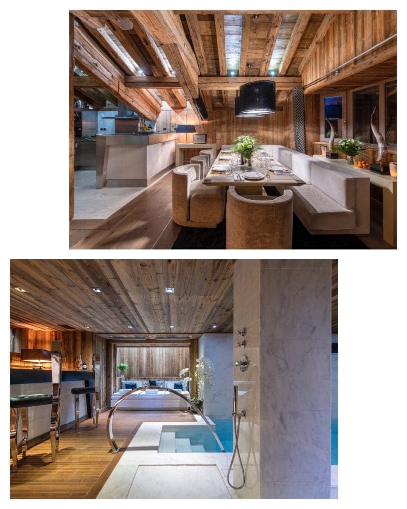 Chalet Carat's dining area and swimming pool for half-term. 