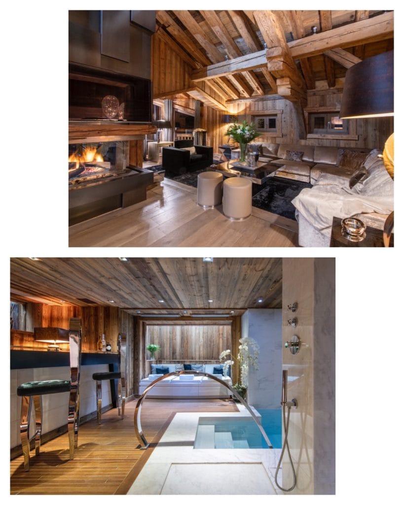 A property available in March, this shot shows Chalet Carat's living space and spa area.