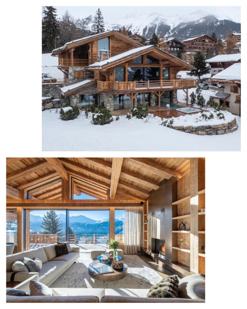 New Chalet Verbier - Chalet Foulon Images 1 and 2. Image 1 shows the snow-capped exterior of Chalet Foulon. Image 2 shows the open-plan living area of Chalet Foulon and the views of the mountains.