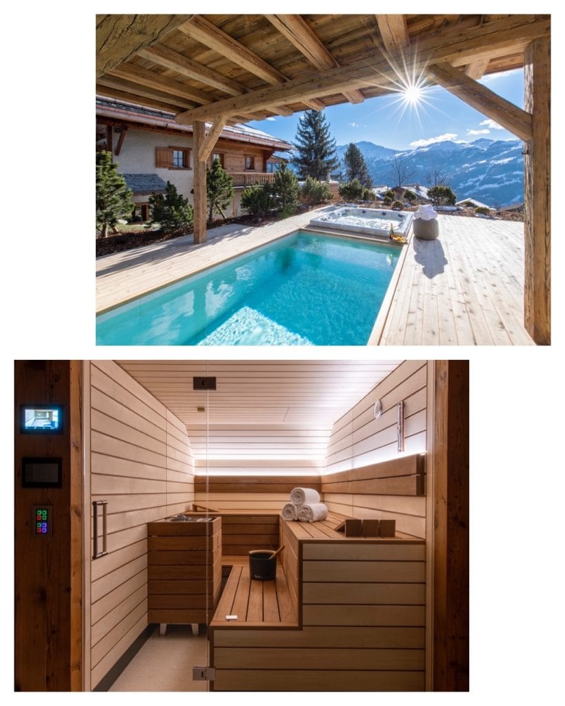 New Chalet Verbier - Chalet Foulon - Images 3 and 4. Image 3 showcases the indoor-outdoor pool and Image 4 presents the sauna.