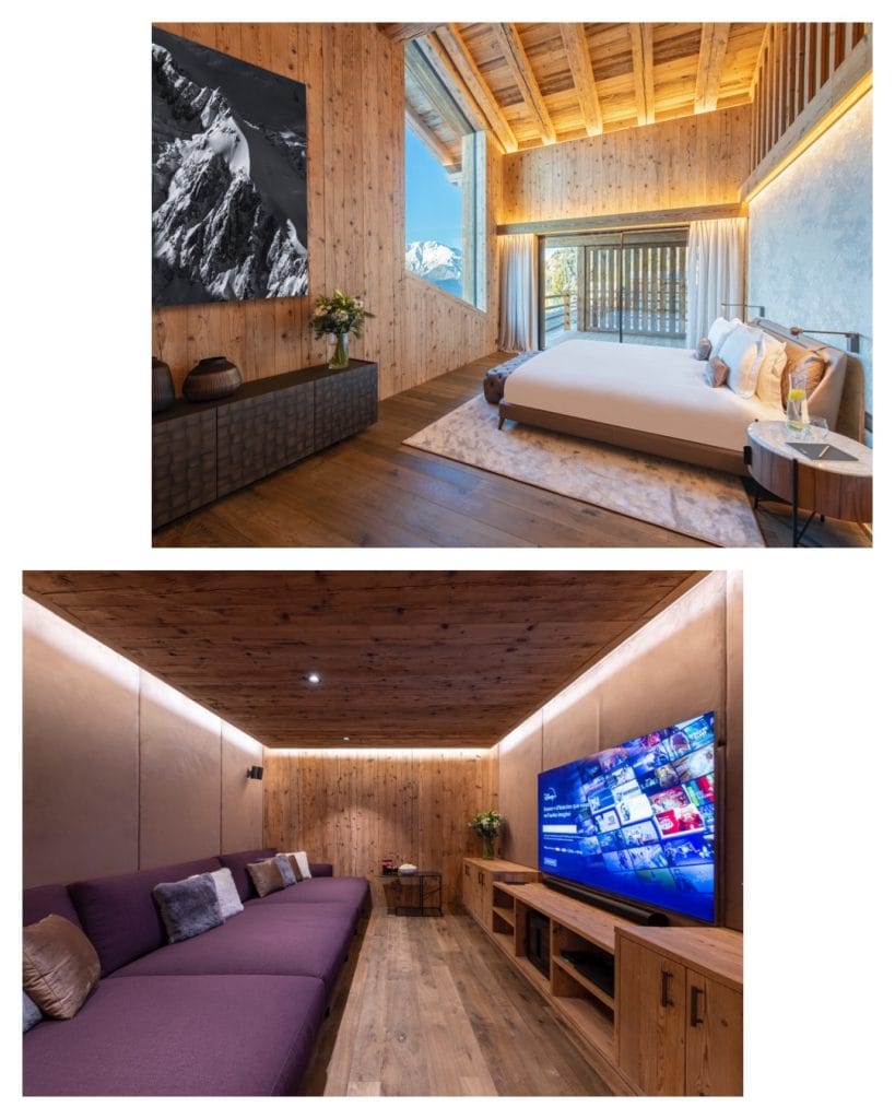 New Chalet Verbier - Chalet Foulon - Images 5 and 6. Image 5 shows the master bedroom with panormaic views in Verbier. Image 6 shows the cinema room with a flatscreen TV and plush sofas.