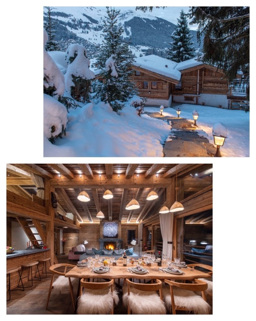 A property available in March, this shot shows the snowy exterior of Chalet Grand Coeur and the nighttime interior.