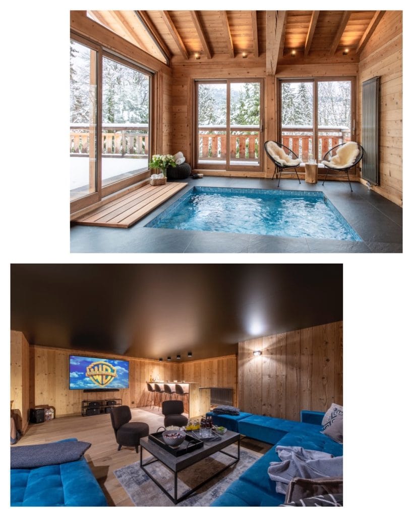 A property available in March, this shot shows Chalet Petite Ourse's swimming pool and cinema room.