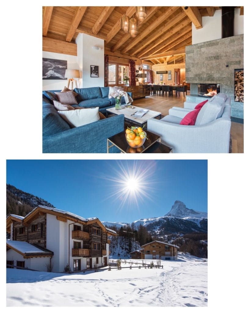 A property available in March, this shot shows the snowy exterior of Chalet Shalimar and the daytime interior.