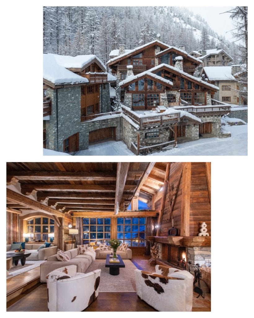 A property available in March, this shot shows Chalet Yeti's snowy exterior and living area.