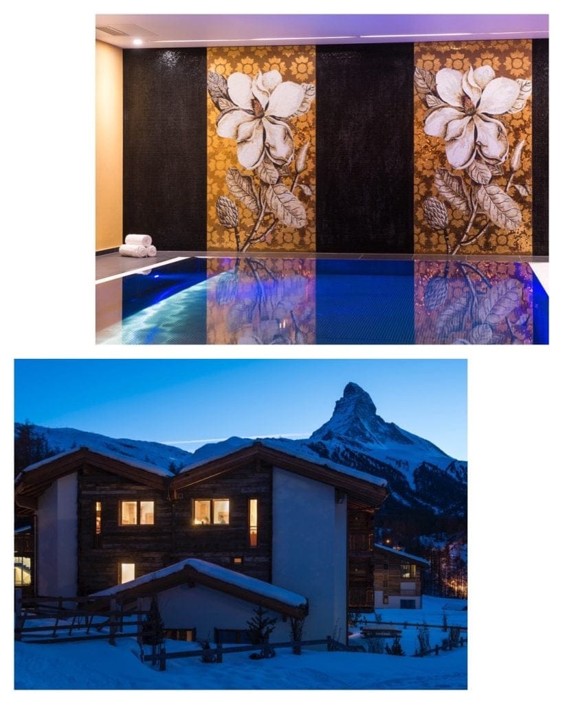 Chalet Elena's shared-access swimming pool and snow-covered exterior with a backdrop of the Matterhorn for half-term. 