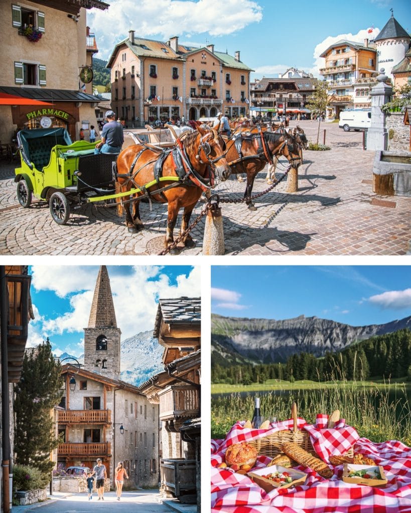 France alpine lifestyle shots, including photos of the Megeve village centre and a convivial picnic by a lake. 