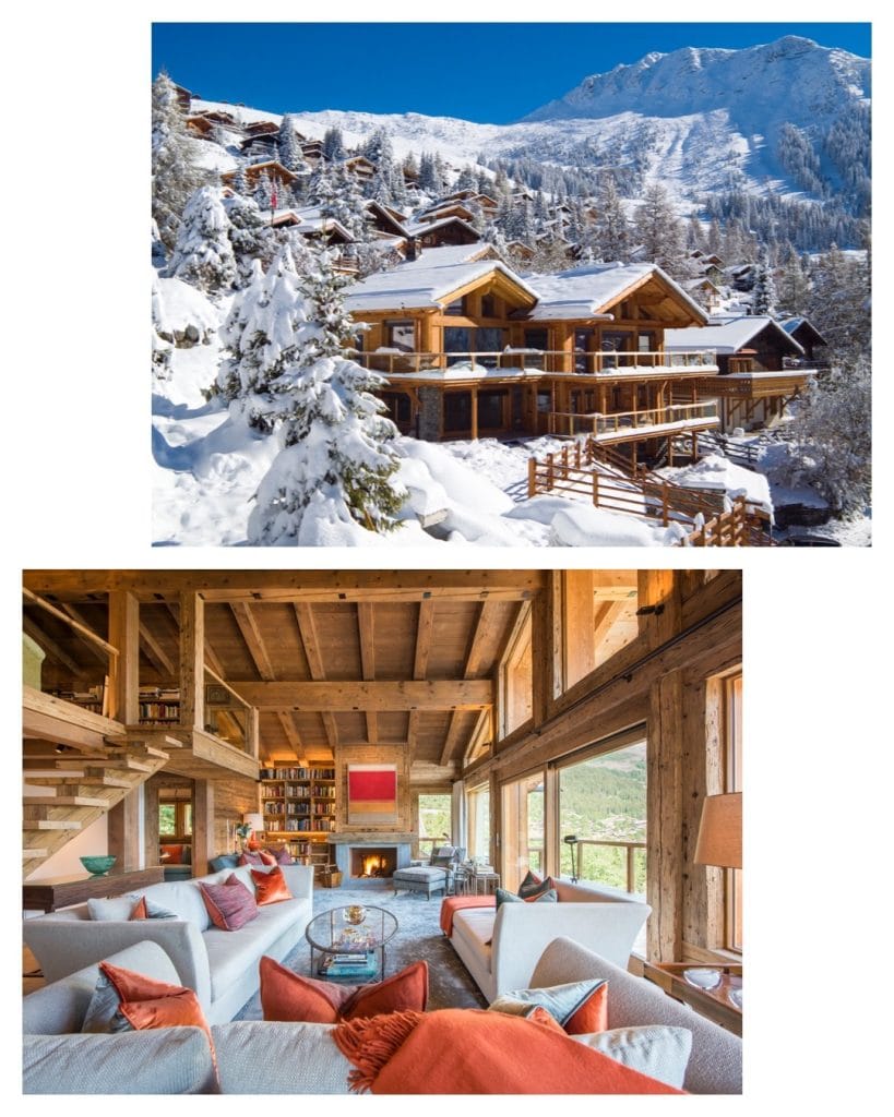 Les Etrennes verbier chalet snowy exterior and hero shot of spacious living area. 