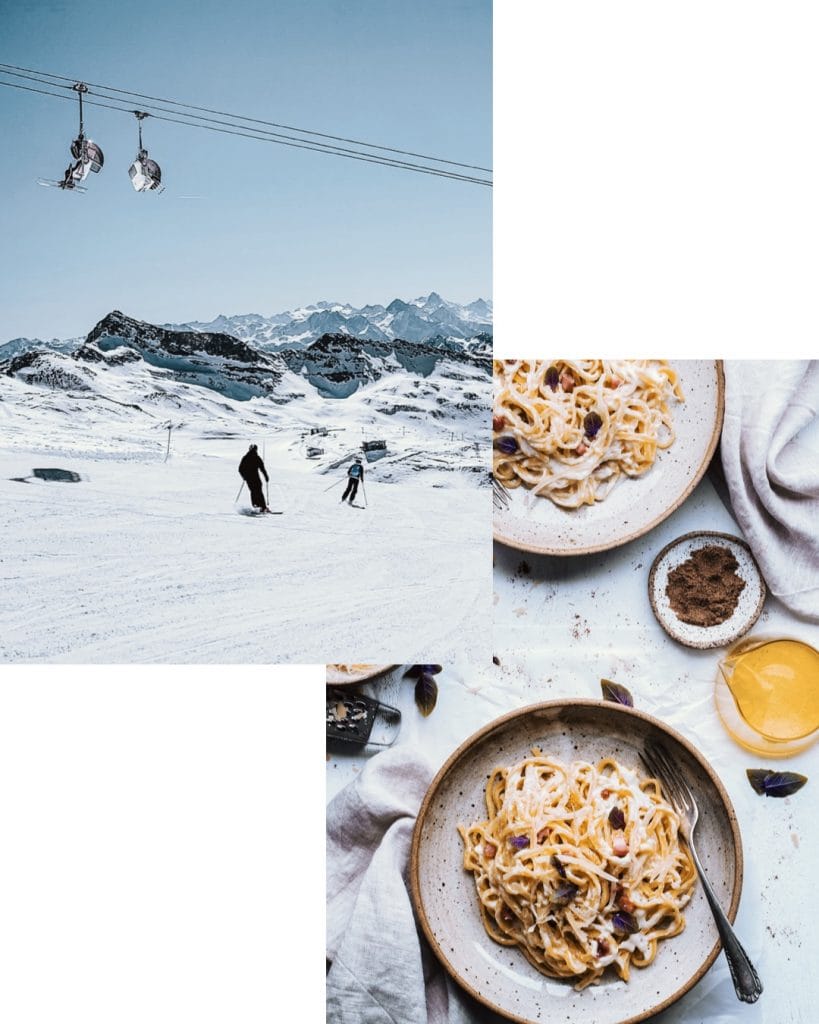 Skiiers and Italian pasta