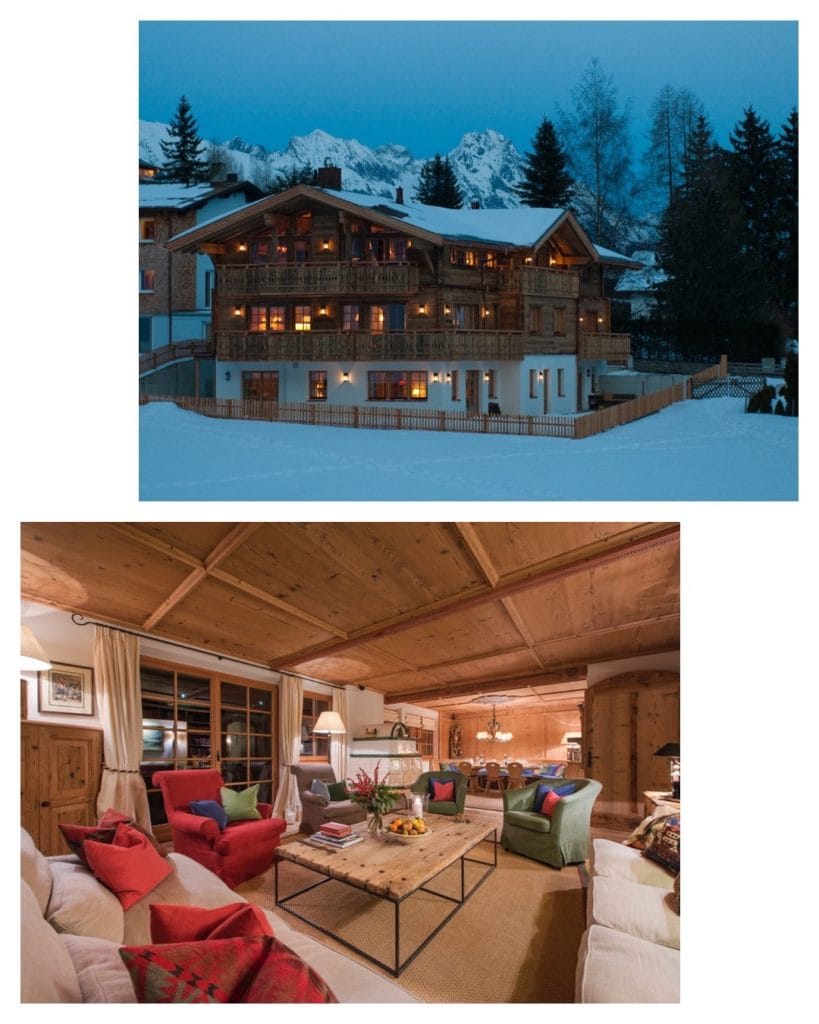 Chalet Soline's snow-covered exterior and cosy living area for half-term. 