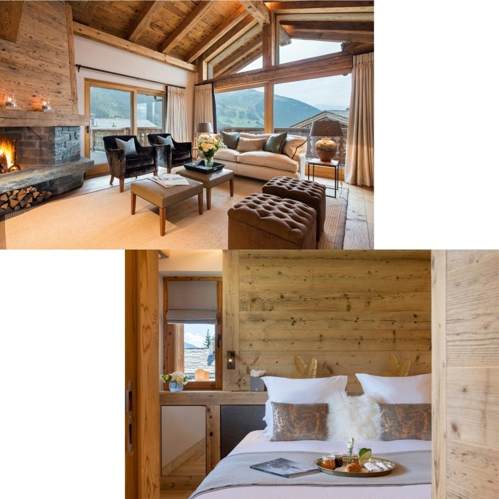 Interior of Verbier Chalets Calima and Sirocco which make up the Calima Estate. Images show a luxurious living area and bedroom. 