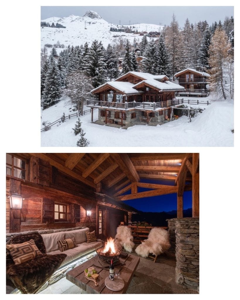 Chalet Virmadisa's snow-capped exterior and outdoor, covered seating area and fireplace for half-term.