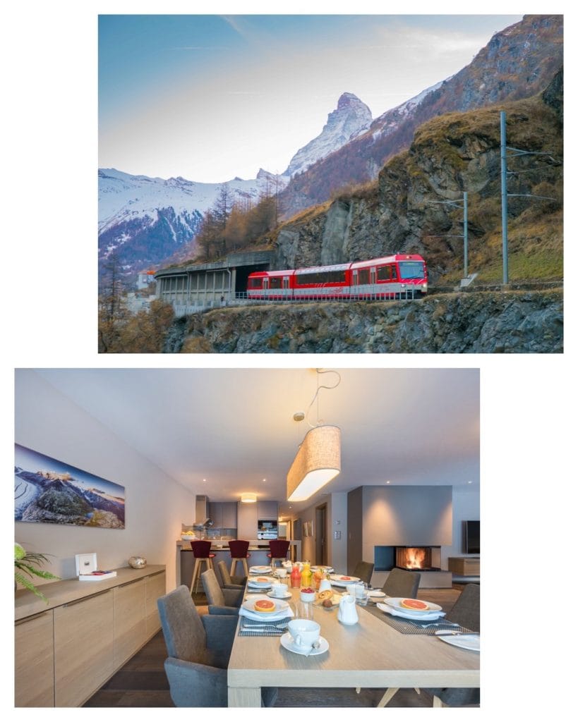 The Gornergat train ride in Zermatt and the large dining area of Christiania Apartment 2. 