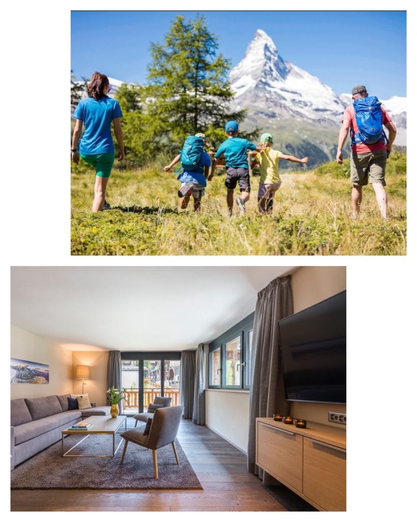 Family shot running in the meadows of Zermatt and an image of Christiania Apartment 3's living area.