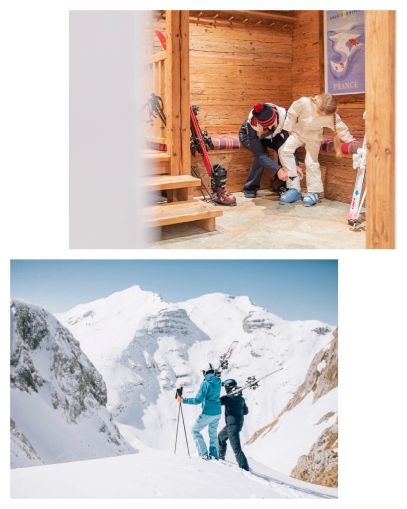 Sunny skiing image and an image of a woman helping a child into her ski boots.