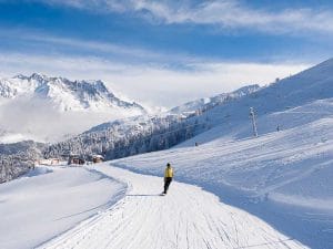 The small resort offers spectacular views looking directly onto the Mt Blanc massif.